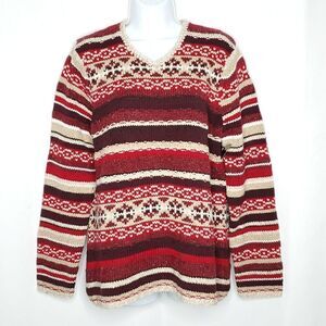 NEW Wool Blend Pullover Fair Isle Stripe Sweater Sz M V Neck Red Maroon Beige